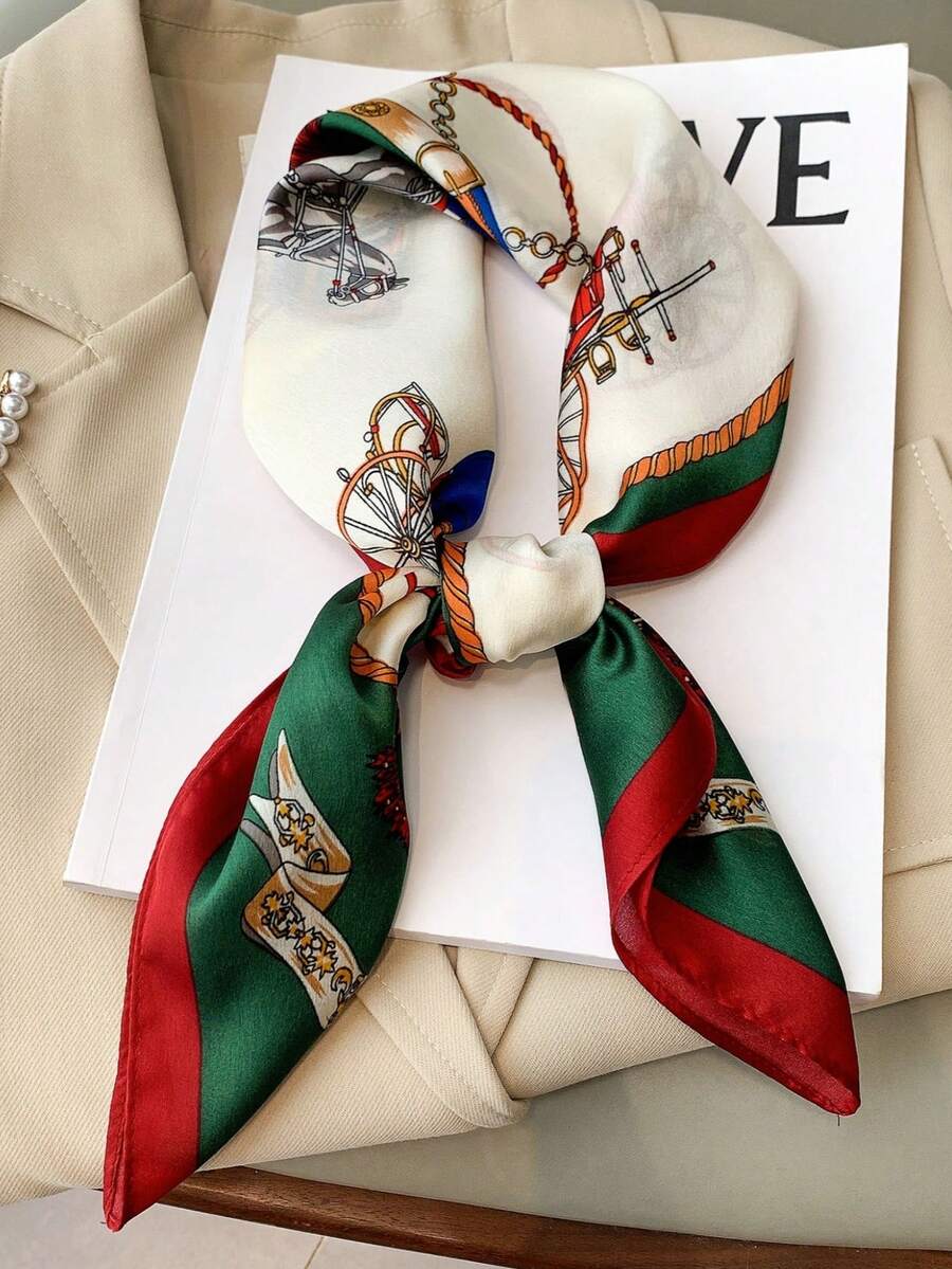 1pc Women's Luxury Fashion Chain Cart Bicolor Print Bandana Scarf, Breathable UV Protection Satin Headscarf, Suitable For Daily Wear