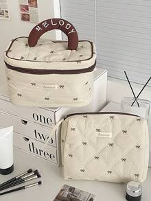 咖啡蝴蝶结化妆包，布艺软拉链化妆包，大容量洗漱包，适合居家、旅行和日常使用 - 彩色 - 查看 1