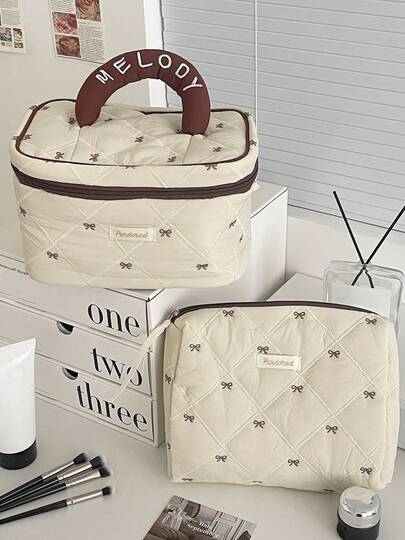 咖啡蝴蝶结化妆包，布艺软拉链化妆包，大容量洗漱包，适合居家、旅行和日常使用