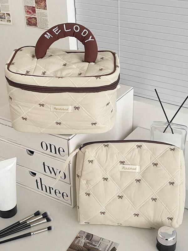 Coffee Bowknot Cosmetic Bag, Fabric Soft Zipper Makeup Bag, Large Capacity Toiletry Bag For Home, Travel And Daily Use