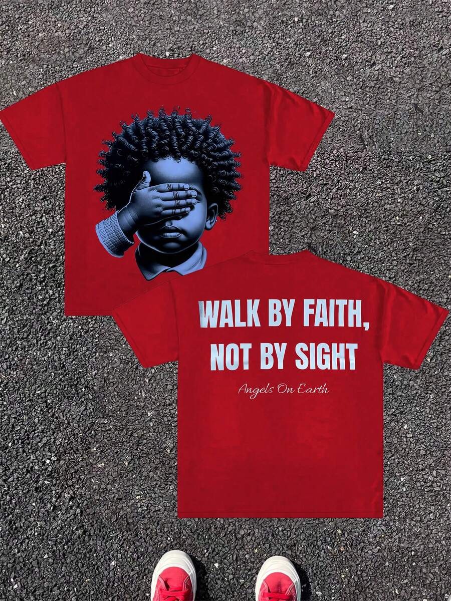 Men's Graphic Tees, Cotton Streetwear T-Shirt, Round Neck, Loose Fit, Fall & Holiday Travel, Unisex, Goth & Y2K Style, Print WALK BY FAITH NOT BY SIGHT - 紅色 - 查看 1