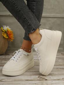 Women's Classic White Sneakers, Casual Fashion Flat Shoes, White Matching Outdoor Sports Shoes, Height Increasing, Lightweight, Soft Bottom, Breathable, Slip-On Platform Sneakers