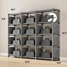 Book Shelf, 16 Cube Storage Organizers, Tall DIY Book Case For Bedroom, Office, Living Room, Closet, 12" D X 47.24" W X 70.86" H, Black - Grey - View 3