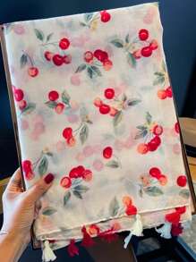 1pc Lightweight& Thin Chiffon Cherry Red Scarf, Sweet&Fresh Korean Style Versatile Sunscreen Shawl For Women, Summer