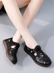 Damen Outdoor Lässig Sandalen aus PU-Leder, Einfarbig, Retro-Stil, sportlich, verstellbarer Klettverschluss, geeignet für Frühling & Sommer