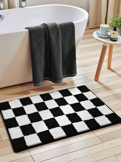 DAJIANG 1pc Checkered Bath Mat, Soft Flocked, Non-Slip Bottom, Absorbent, Breathable, Machine Washable, Suitable For Sink, Bedroom, Bathroom, Home Decor Carpet, Bathroom Accessory, Back To School Entryway Decor, Bathroom & Kitchen Decor