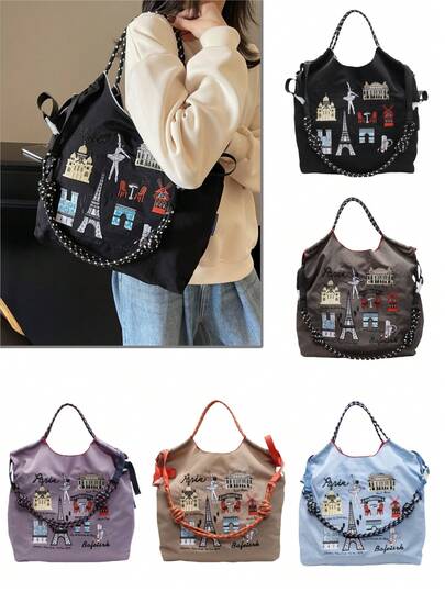 2025新款女士单肩包，大容量通勤小众设计斜挎包，休闲百搭简约时尚手提包，舒适尼龙面料拼色设计可调节长肩带，敞口大空间托特包，秋冬流行