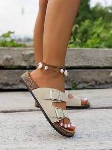 舒适女士时尚凉鞋 - 柔软、轻便、双扣、平底拖鞋、透气设计，适合夏季海滩和日常穿着 - 米色 - 查看 3