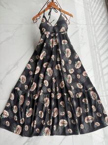 Long Dresses With 3D Print, Multicolored, New Model With Back Tie, Bare Back - 黑色 - 查看 2
