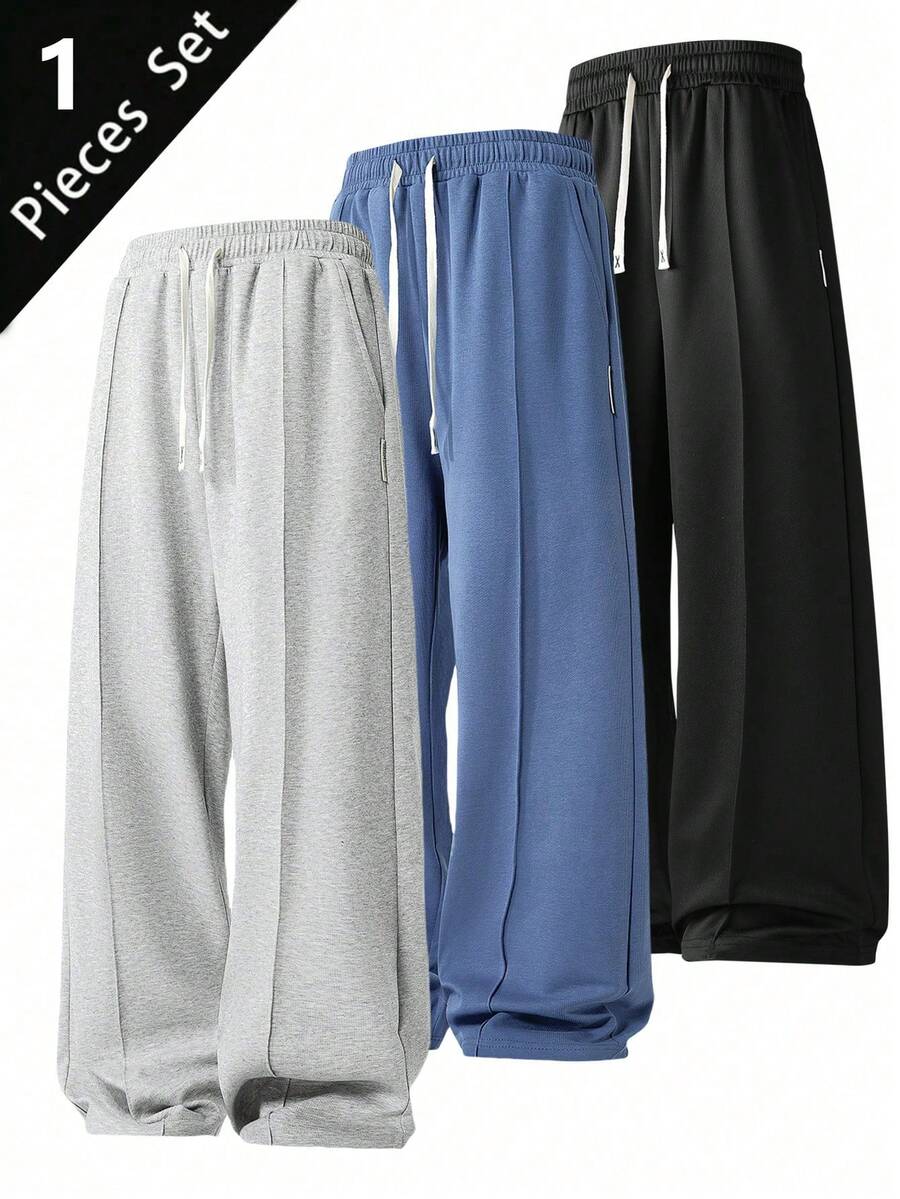 1pc Men's Drawstring Waist Wide Leg Loose Fit Casual Sweatpants, Spring/Summer - Light Grey - View 1