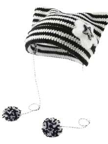 1 件女式 Y2K 星条纹 KPOP 风格可爱猫耳针织帽，保暖防风流苏绒球帽，适合秋冬 - 彩色 - 查看 3