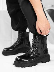 2024 新款亮面黑色高帮靴，带保暖内衬，保暖时尚休闲高端男士皮靴，秋冬款