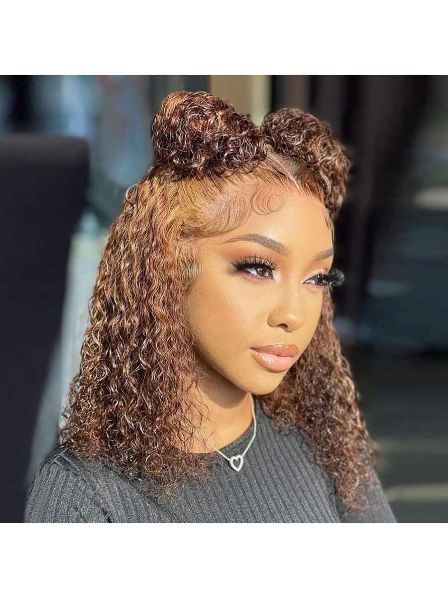 ownvmor Curly Bob Wig Human Hair Deep Wave 13x4 HD Lace Front Wigs For Women Human Hair Pre Plucked Wear And Go Glueless Short Wet And Wavy Ombre Honey Blonde Highlight Color 4/27 16 Inch - 蜂蜜金髮女郎 - 查看 1