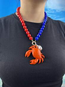Retro Versatile Crustacean Beaded Handmade Necklace, Vintage Alloy Boho Seafood Jewelry, Fashion Unique Resort Style