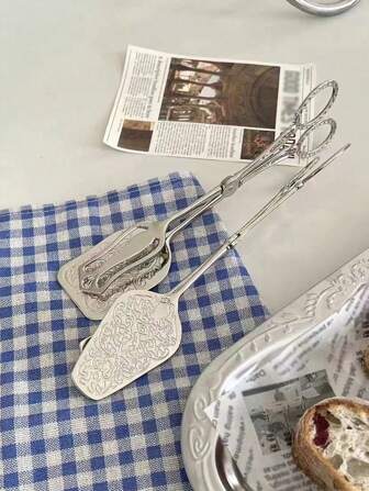 8.6 Inch(Approx. 22cm) European Style Embossed Cake Tongs, Vintage Salad Tongs, Zinc Alloy Silver Food Service Tongs For Salad, Steak, Buffet, Suitable For Buffet, Catering, Bread, BBQ
