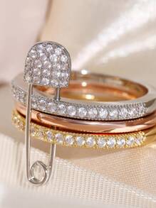1 pezzo Anello da donna unico con design a 3 anelli e un singolo ago, decorato con zirconia cubica