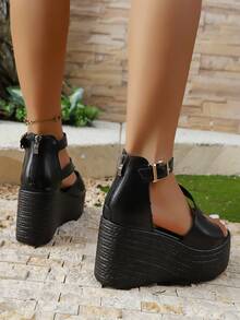 女式加大码厚底坡跟厚底凉鞋，纯色粗跟增高夏季露趾凉鞋，大码