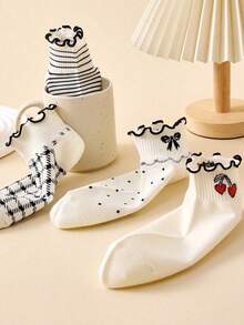 5 Pairs Girls Kids Striped, Polka Dot & Bow Short Socks With Frill Trim, Casual Everyday Wear - Multicolor - View 4