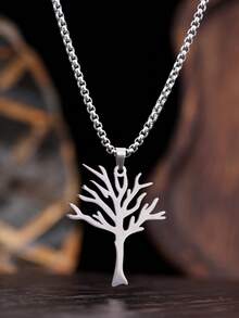 1pc Stainless Steel Life Tree Pendant Necklace, Fashionable Daily Wear For Men - Silver - View 6