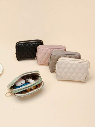 ファッショナブルな幾何学模様 ダブルジップメイクアップバッグ クリスマスプレゼント 感謝祭 Y2K ピンク レディースギフト ミニ財布 小銭入れ