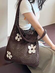 Brown Fashionable Women Knitted Bag, Hollow Floral Pattern Shoulder Bag, Suitable For Casual, Beach, Holiday, Large Capacity Woven Bag, Lightweight Summer Beach Tote, Great Gift For Women