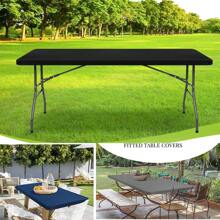 1 pièce de housse de table ajustée à moitié, nappe rectangulaire en polyester, options de couleurs multiples, ajustement élastique et ajusté, convient pour les tables pliantes de 4/6/8 pieds, lavable pour le pique-nique, le camping, l'intérieur et l'extérieur
