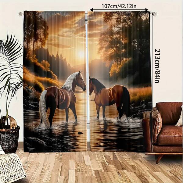 2pcs Digital Print Sunset & Stream With Horse Pattern Polyester Curtains, Suitable For Bedroom, Living Room, Office & Home Decor, Rod Pocket Design, Fits Curtain Rods