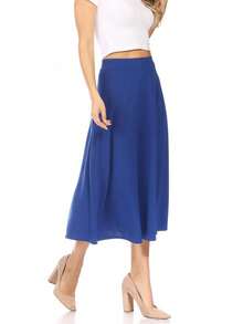 Solid Basic Casual Elastic Waist A-Line Flared Midi Skirt (S-3XL)  Plain  Elegant  Casual  Polyester        Office  Daily - Royal Blue - View 4