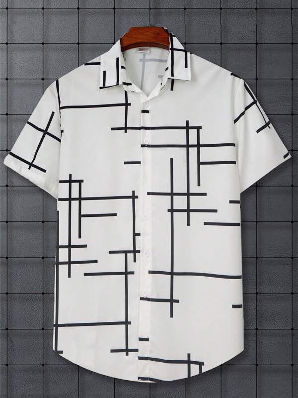 Men's Casual Street Style Light Business Short Sleeve Shirt, Black Striped