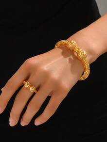 2pcs/Set Fashionable Minimalist Versatile Delicate Commuting Casual Hollow Ball Gold Color Bangle Bracelet & Ring Set For Women - Yellow Gold - View 6