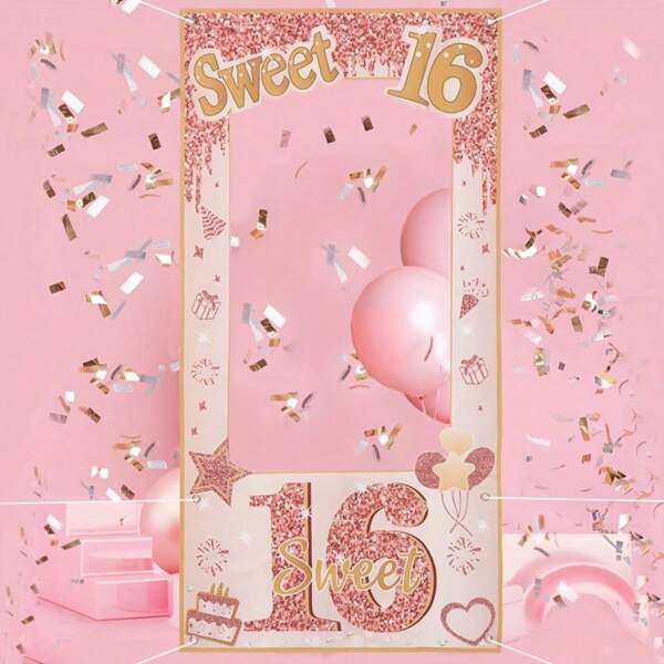 1pc Rose Gold Sweet 16 Birthday Backdrop - Photography Background With Sparkling "Sweet 16" Text, Balloons And Confetti Design, Ideal For 16th Birthday Party Decoration And Photo Prop, Birthday Decor