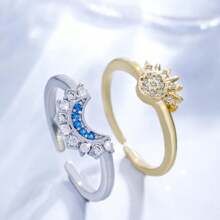 1 set/2 piezas Anillo abierto ajustable de moda para parejas, de estilo elegante y lujoso, con forma de sol dorado y luna plateada incrustada en cobre con circonita sintética, adecuado para parejas, boda y uso diario