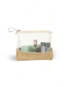 Bolsa de maquiagem transparente, bolsa de higiene pessoal, bolsa de cosméticos de viagem, bege, transparente, à prova d'água, de PVC, com zíper, bolsa de maquiagem compatível para mulheres e homens, pode ser usada para guardar cosméticos, artigos de higiene pessoal, roupas de banho, protetor solar, lanches, faixas de cabelo, artigos de papelaria, etc. Itens essenciais de viagem, férias, verão, volta às aulas, bolsa de material escolar para a escola, bolsa de higiene pessoal, bolsa de viagem à prova d'água