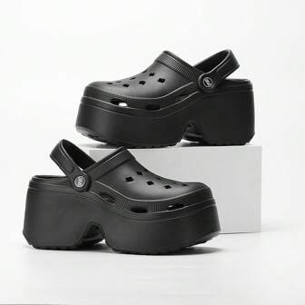 女士透气黑色凉鞋，一脚蹬/一脚蹬舒适高跟 EVA 休闲夏季拖鞋