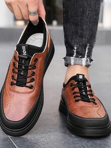 Casual Shoes, Sketching Design, Basic Model, Microfiber Leather Lace-Up, Suitable For Office, Home, All Seasons - Brown - View 1