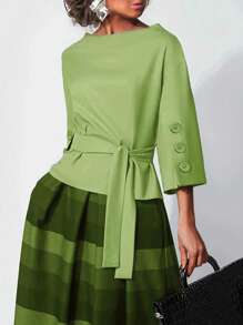 Women's Fashion Belted Buttoned Tie Up Blouse, Suitable For Summer