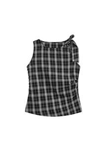 Korean Style INS Tie Shoulder Bowknot Design Breathable Plaid Sleeveless Cropped Top (Stripe Or Plaid Random)
