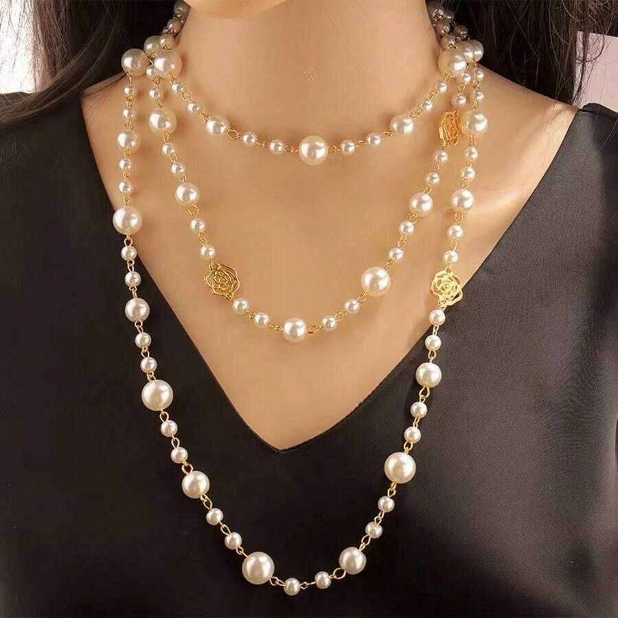 Hollow Rose Glass Pearl Long Multi-Layer Necklace, Versatile For Wearing With Sweaters, Casual Daily Wear, Gift For Friends, Western Jewelry, Ball Gowns, Accessories, Autumn/Winter New - Hollow Camellia Pearl Necklace - View 1