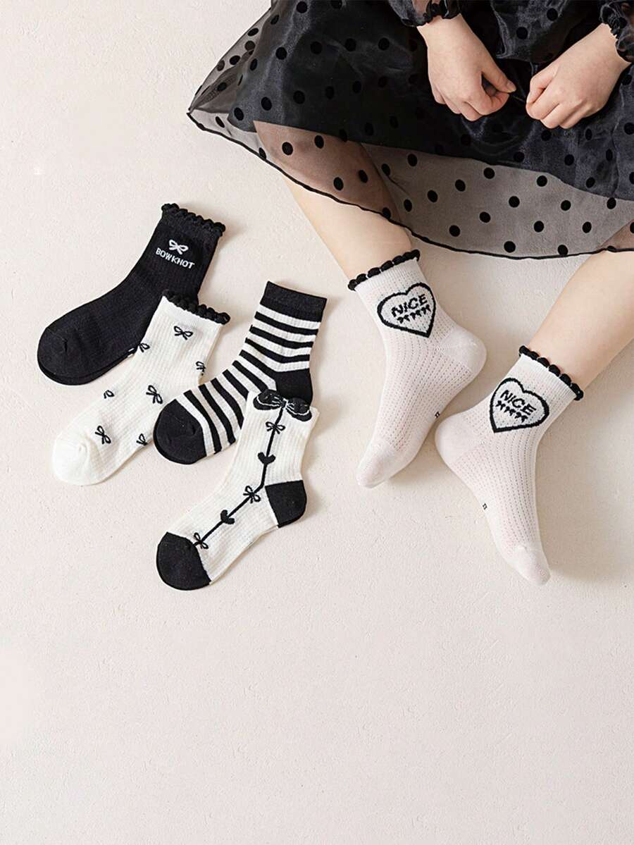5 Pairs Girls' Socks, Black & White Bow, Stripe, Heart, Letter Mid-Calf Socks, Korean Ins Style Casual Sports Lace Socks, Suitable For Daily Casual & Sports Wear - Multicolor - View 1