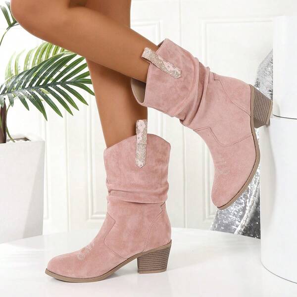 Western Style Cowgirl Boots With Chunky Heel, Round Toe, Elegant, Versatile, Embroidered Vamp, Asymmetrical Pleats, Slip-On, Small Heels For Women