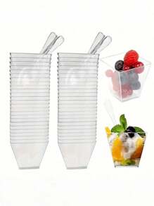 20pcs Transparent Plastic Dessert Cups And 50pcs Square Jelly Cups With Spoons, Reusable Mini Dessert Cups, Party Supplies, Mousse Cake Cups, Pudding Cups, Party Supplies, Outdoor Travel And Picnics