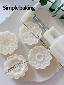 4件套3D立体花纹糕点模具，生日礼物烘焙套装，便当用品，手工DIY饼干模具，蛋糕，饼干，印章饼干切割模具，节日派对月饼，豆沙饼厨房工具，返校午餐盒用品，饼干切割器。月饼模具套装，饼干造型器。饼干印章 - 米色 - 查看 7