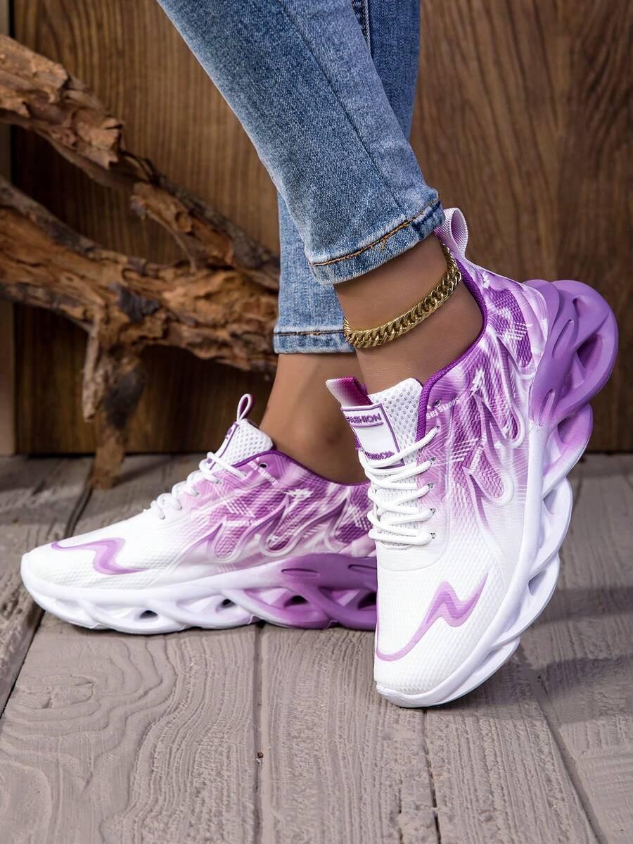 Zapatillas moradas degradadas de running de punta baja para mujeres, con diseño de de color, absorción de impactos, livianas, antideslizantes, de cordones, adecuadas para acondicionamiento físico diario y deportes - Morado - Ver 1