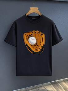 Camiseta grande con motivo de guante de béisbol ABC: 220g de peso pesado, 100% algodón - Negro - Ver 1