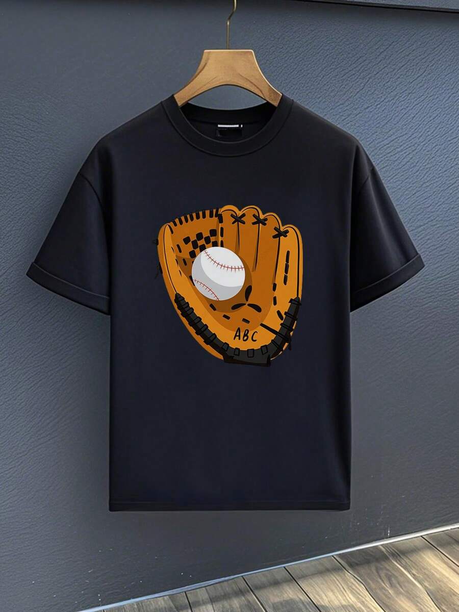 Camiseta grande con motivo de guante de béisbol ABC: 220g de peso pesado, 100% algodón - Negro - Ver 1