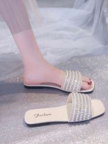 女士运动凉鞋/拖鞋，夏季珍珠和水钻装饰露趾低跟平底休闲时尚穆勒鞋 - 白色 - 查看 2