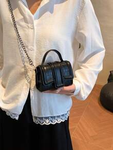 1pc Mini Fashion Crocodile Pattern Handbag With Detachable Shoulder Strap Chain , Small Bags - Black - View 5