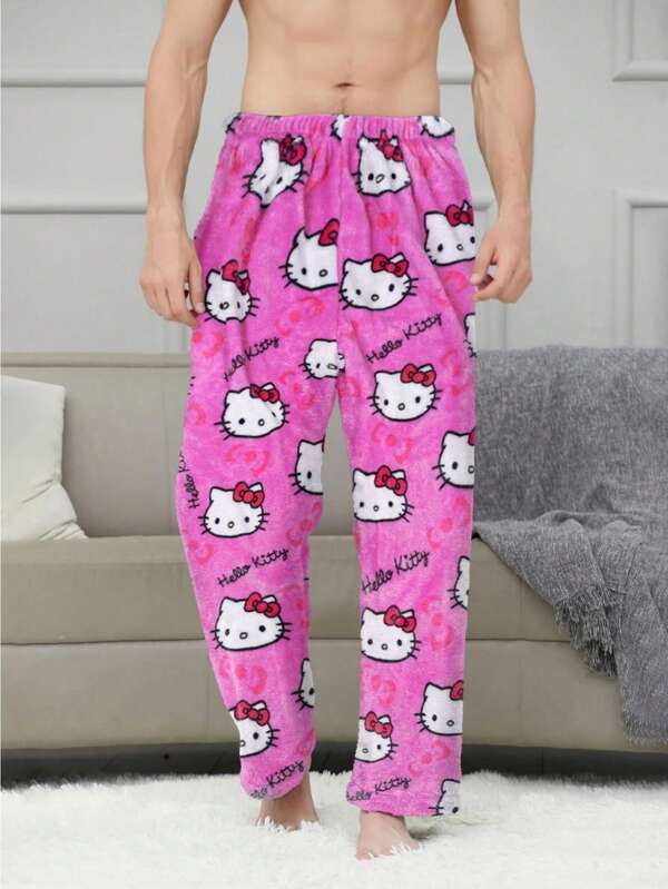 Sanrio Men's New Autumn And Winter Flannel Thick Home Pants Casual Loose Lovely KT Print Pajama Pants Couple Elegant Wear With Home Clothes