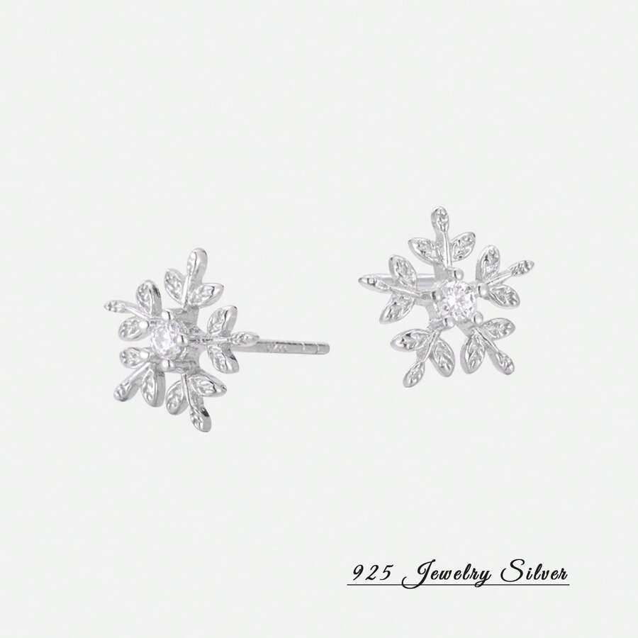 S925纯银圣诞雪花锆石耳钉，甜美优雅的女士水钻银耳环 - 幾何 - 查看 1