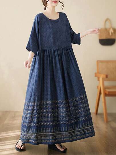 上衣，2026 轻盈飘逸连衣裙，藏蓝色连衣裙，夏季宽松圆领连衣裙，邮轮度假，大码女式睡衣，夏季连衣裙，波西米亚休闲度假沙滩裙